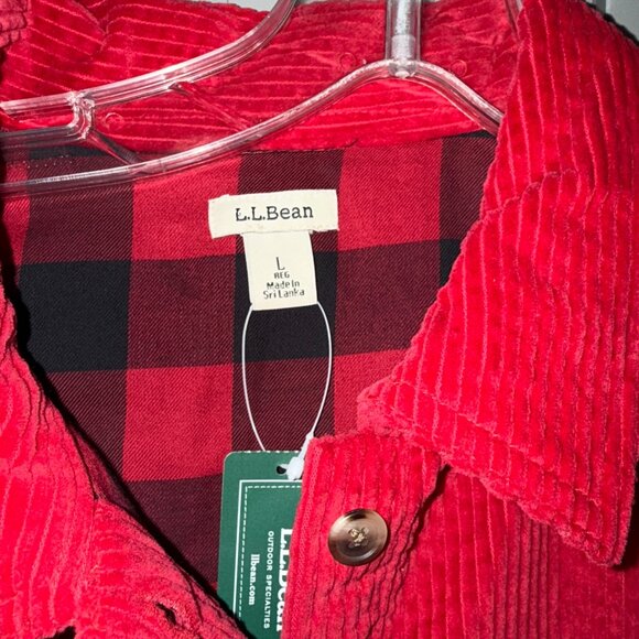 LL Bean Wide Wale Corduroy Button Down Shirt Small L Red Flannel Lined Shacket - Picture 2 of 7